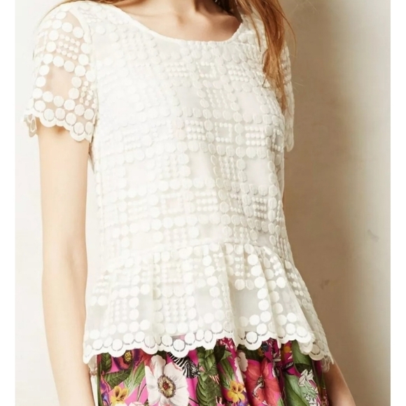 Anthropologie Leifsdottir White Lace Embroidered Short Sleeve Peplum Top Size 6 - Picture 4 of 11